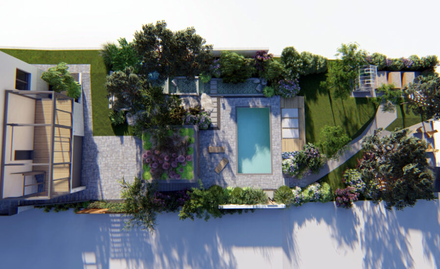 Vizualizácia návrhu fasády s terasou, bazénom, letnou kuchyňou, záhradným prístreškom