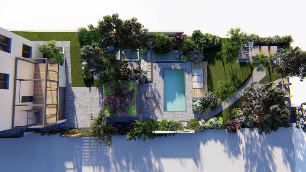 Vizualizácia návrhu fasády s terasou, bazénom, letnou kuchyňou, záhradným prístreškom